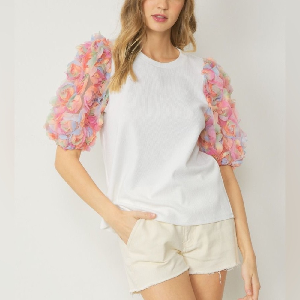 Entro White Top with Colorful Floral Sleeves
